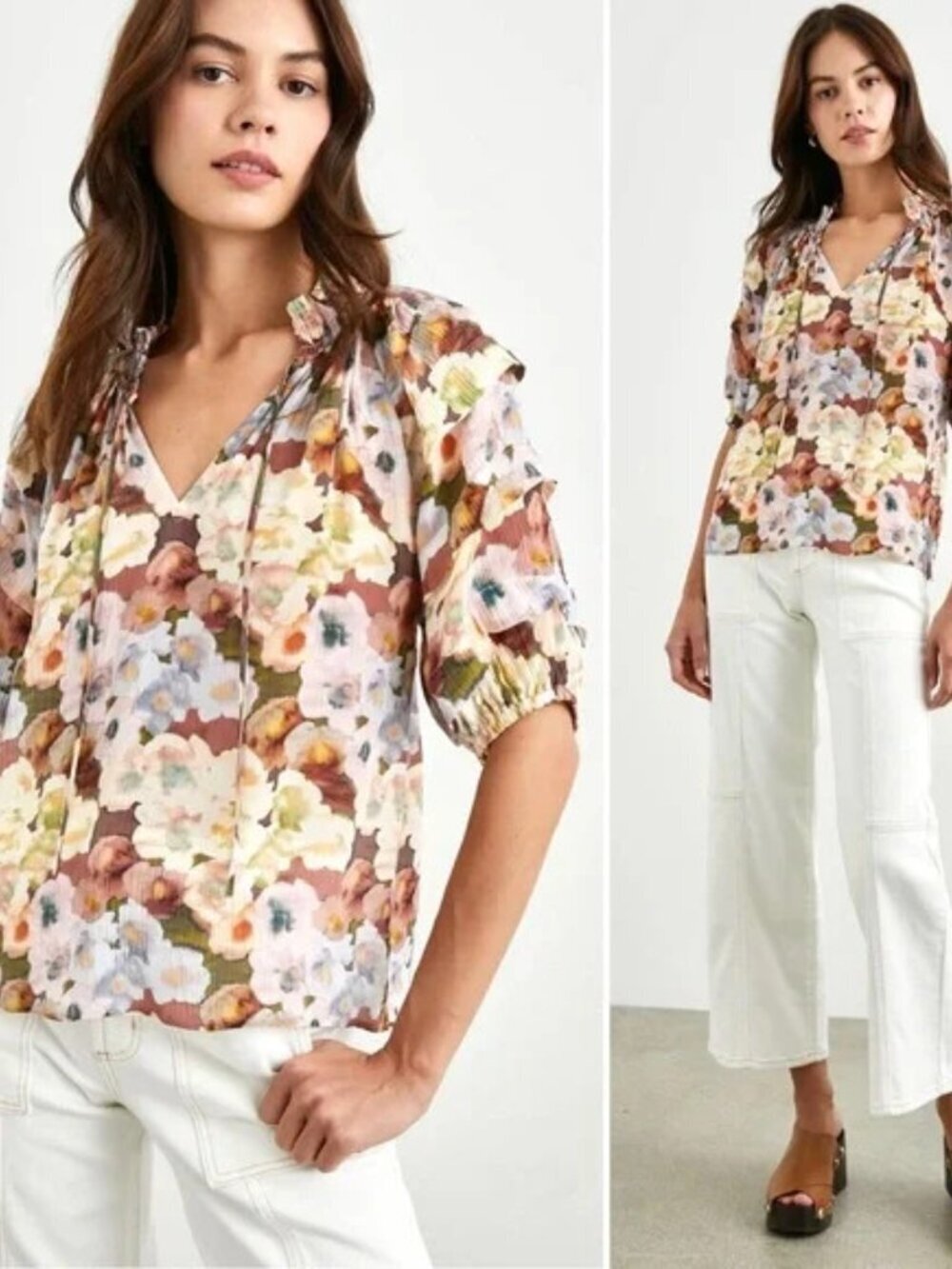 Rails Paris Floral Split Neck Top Small Multicolor Ruffle Sleeve Crinkle Blouse